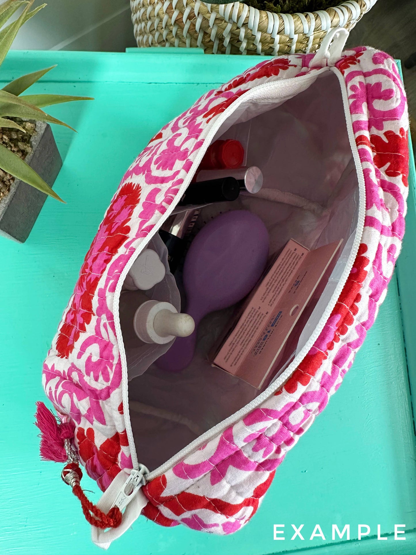 Quilted Makeup Bag| Cosmetics Toiletry Bag | Pink Ikat