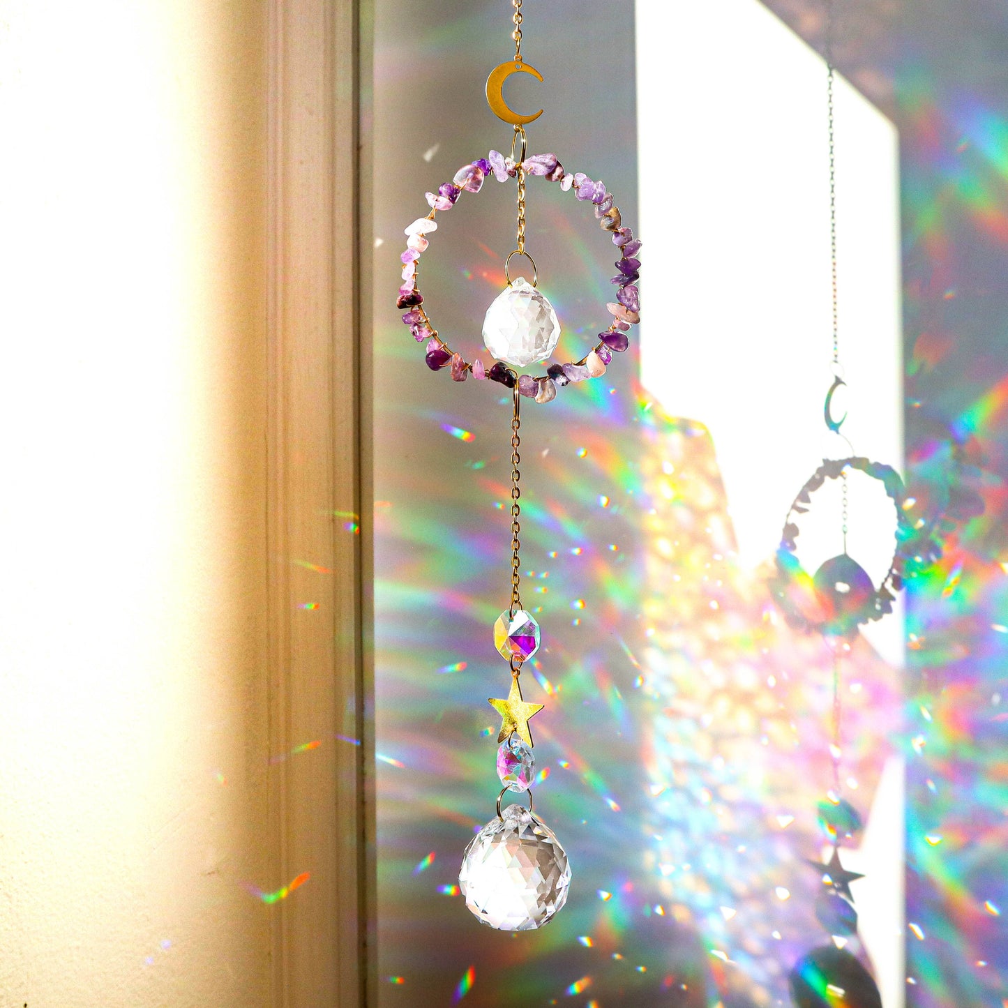 Gemstones Suncatcher: Amethyst Moon & Star