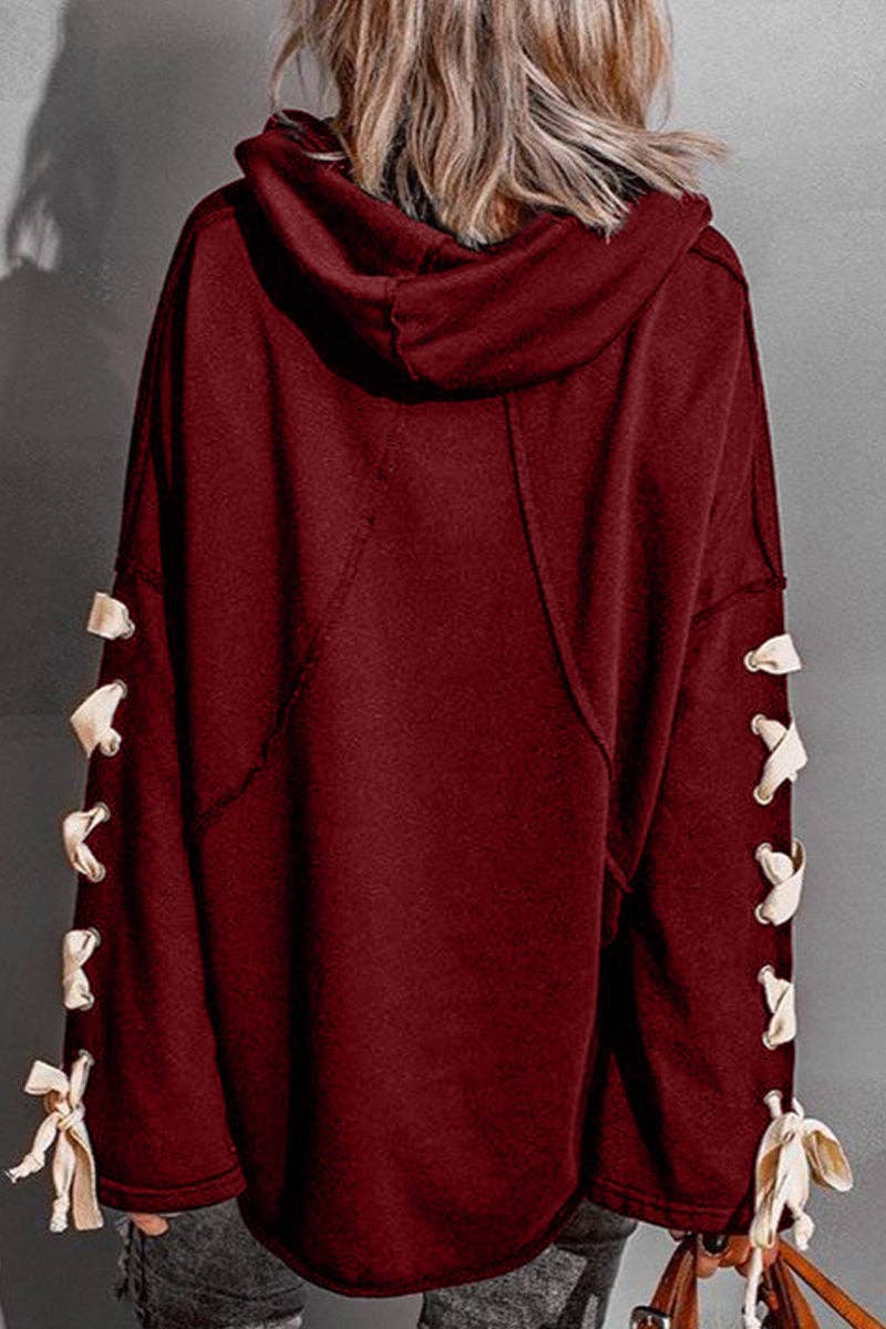 Casual Solid Bandage Hooded Collar Tops: Black / XL