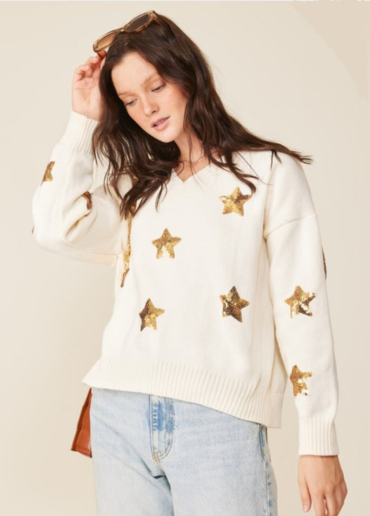 Gold Star Patch White v-neck Sweater