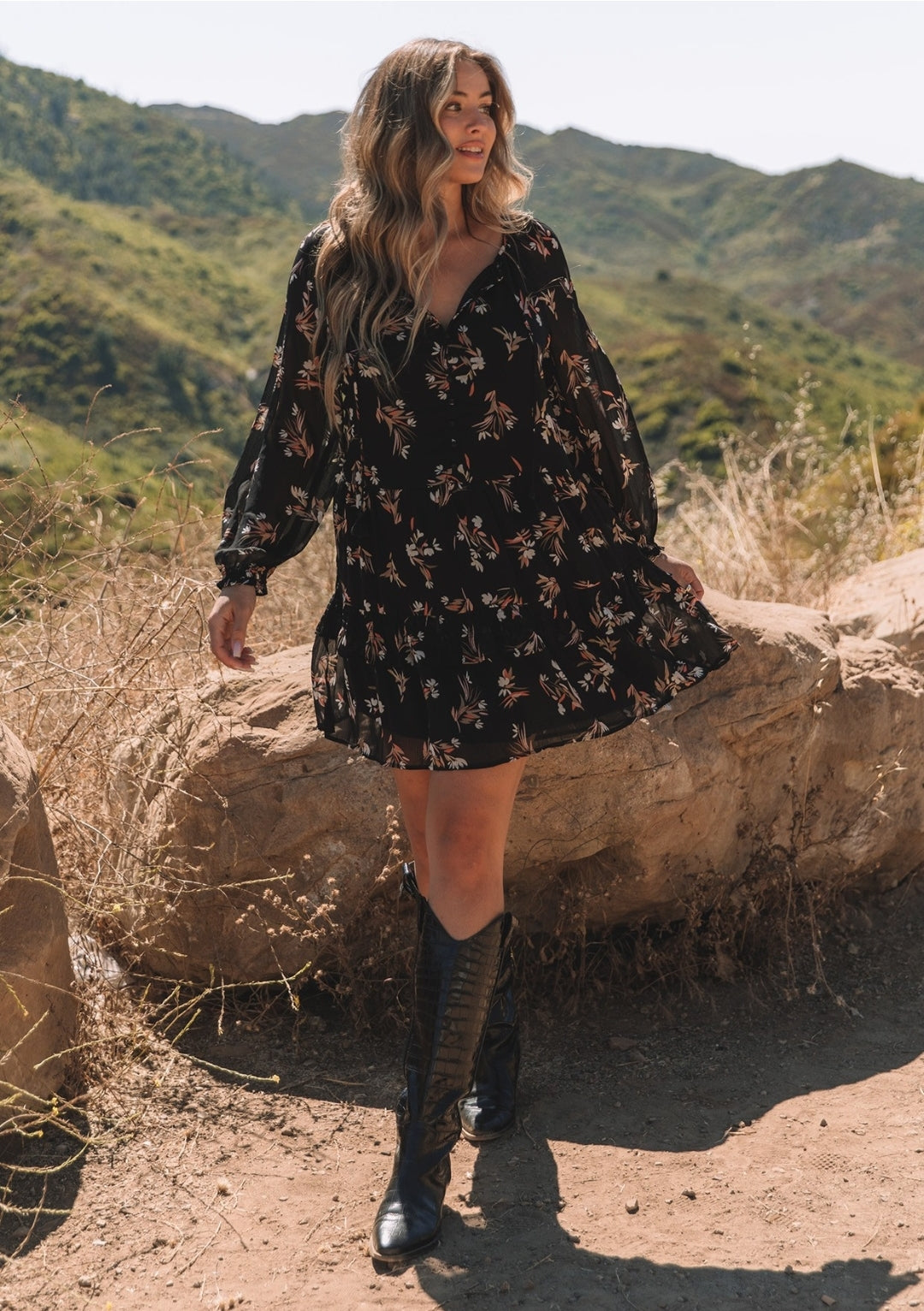 Flowy Floral Long Sleeve Tie Neck Mini Dress