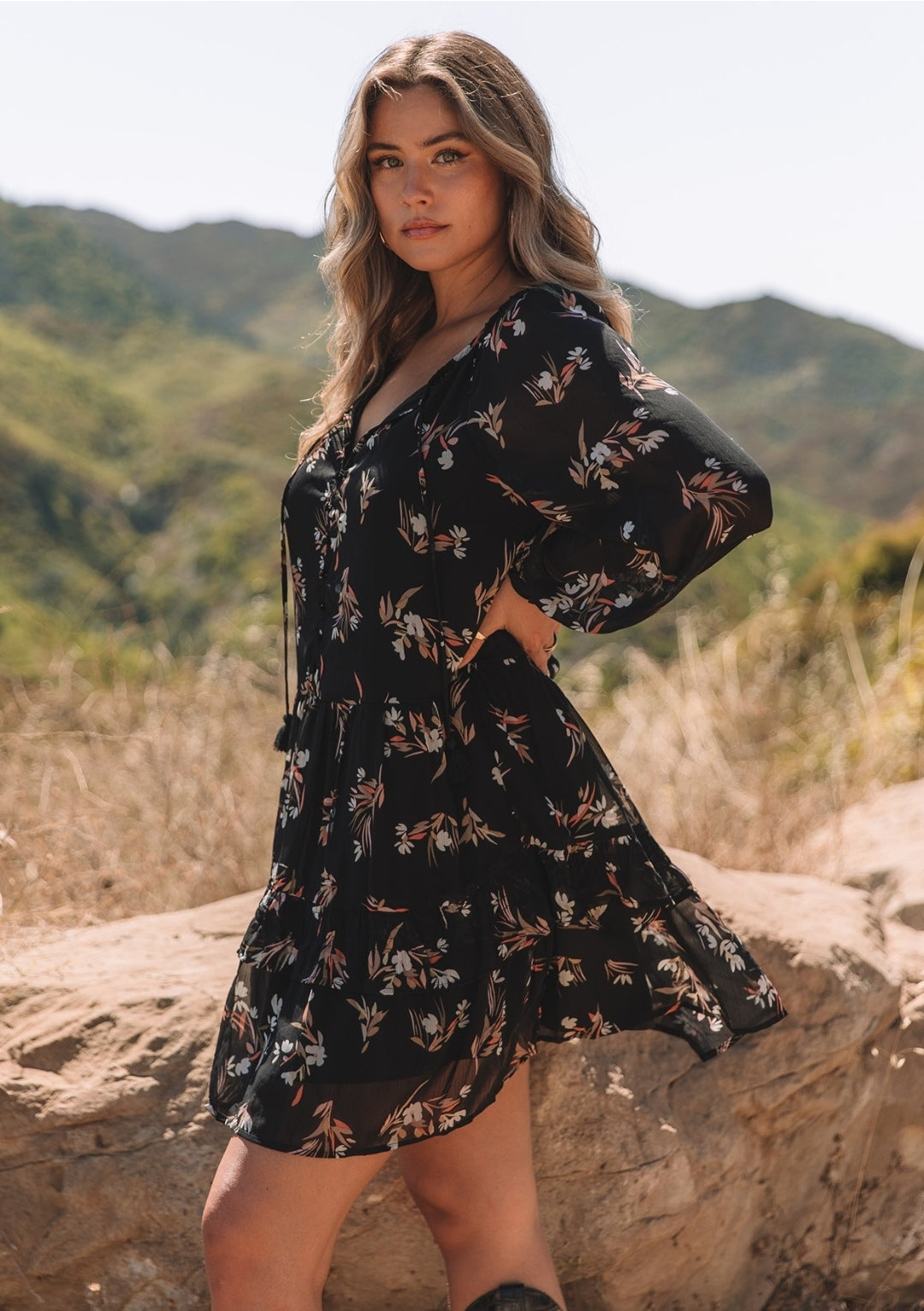 Flowy Floral Long Sleeve Tie Neck Mini Dress