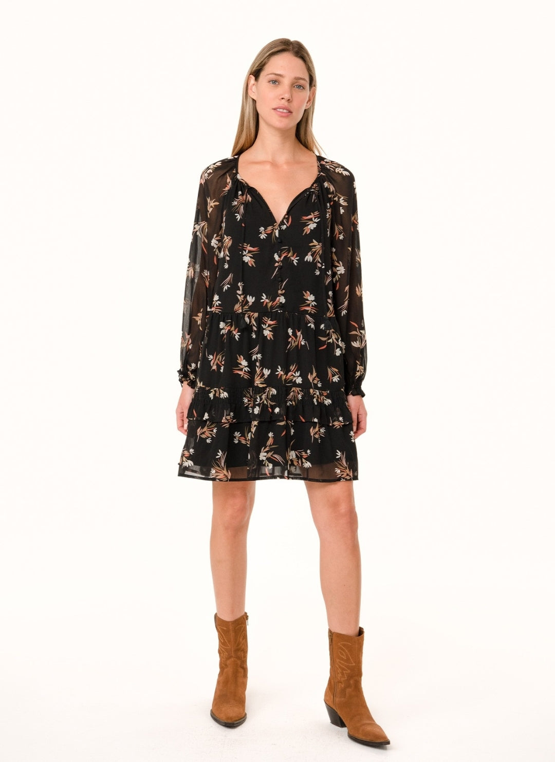 Flowy Floral Long Sleeve Tie Neck Mini Dress