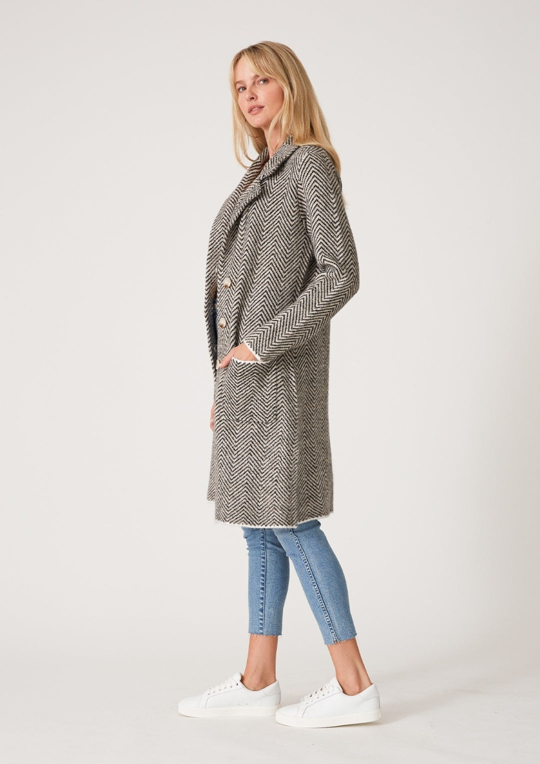 Herringbone Long Sleeve Button Front Coatigan