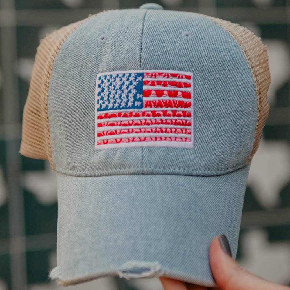 American Flag Denim Trucker Hat: Denim Blue