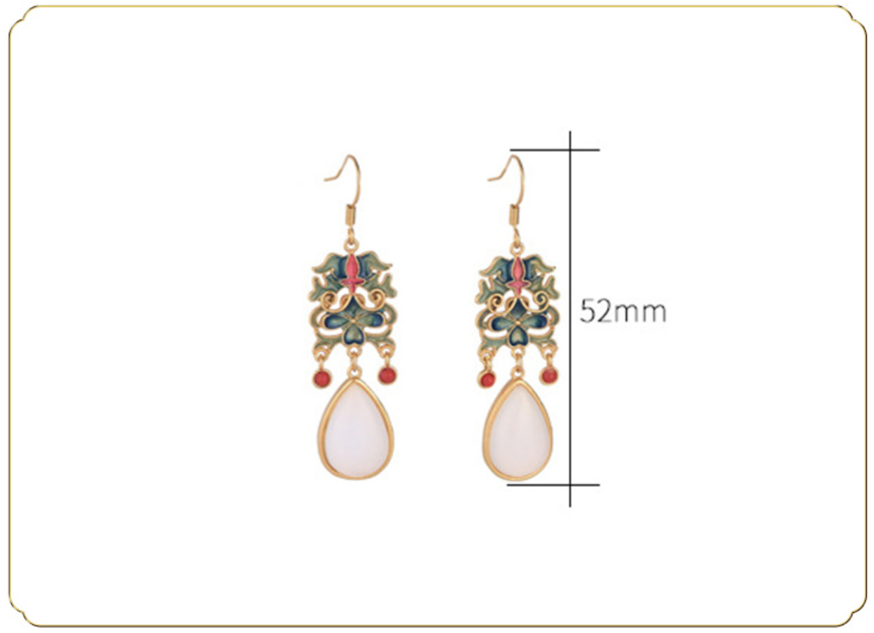 Cloisonne Crafted with White Jade Earrings