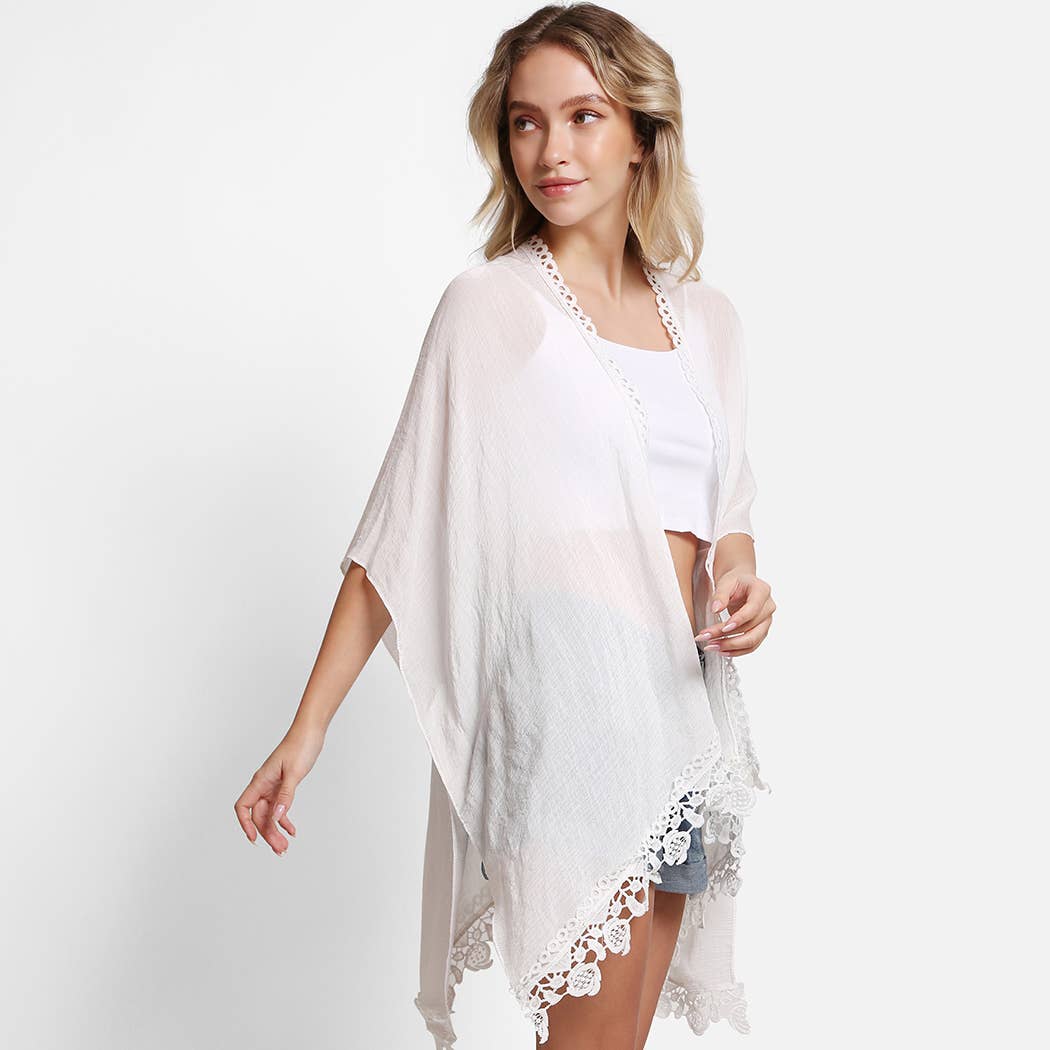 Laced Edge Kimono Cover-Up Beige One Size