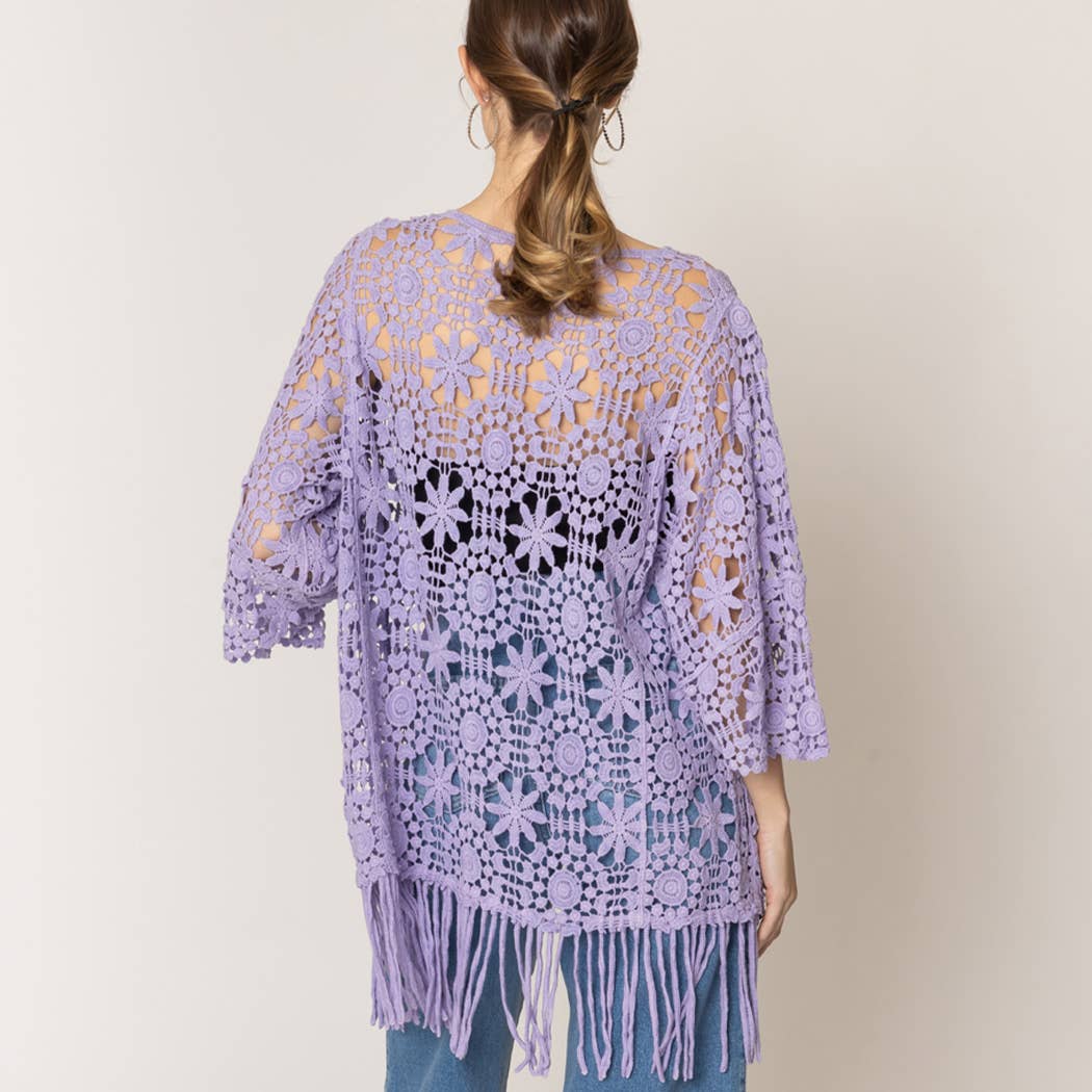 Floral Patterned Fringe Crochet Cardigan: One Size