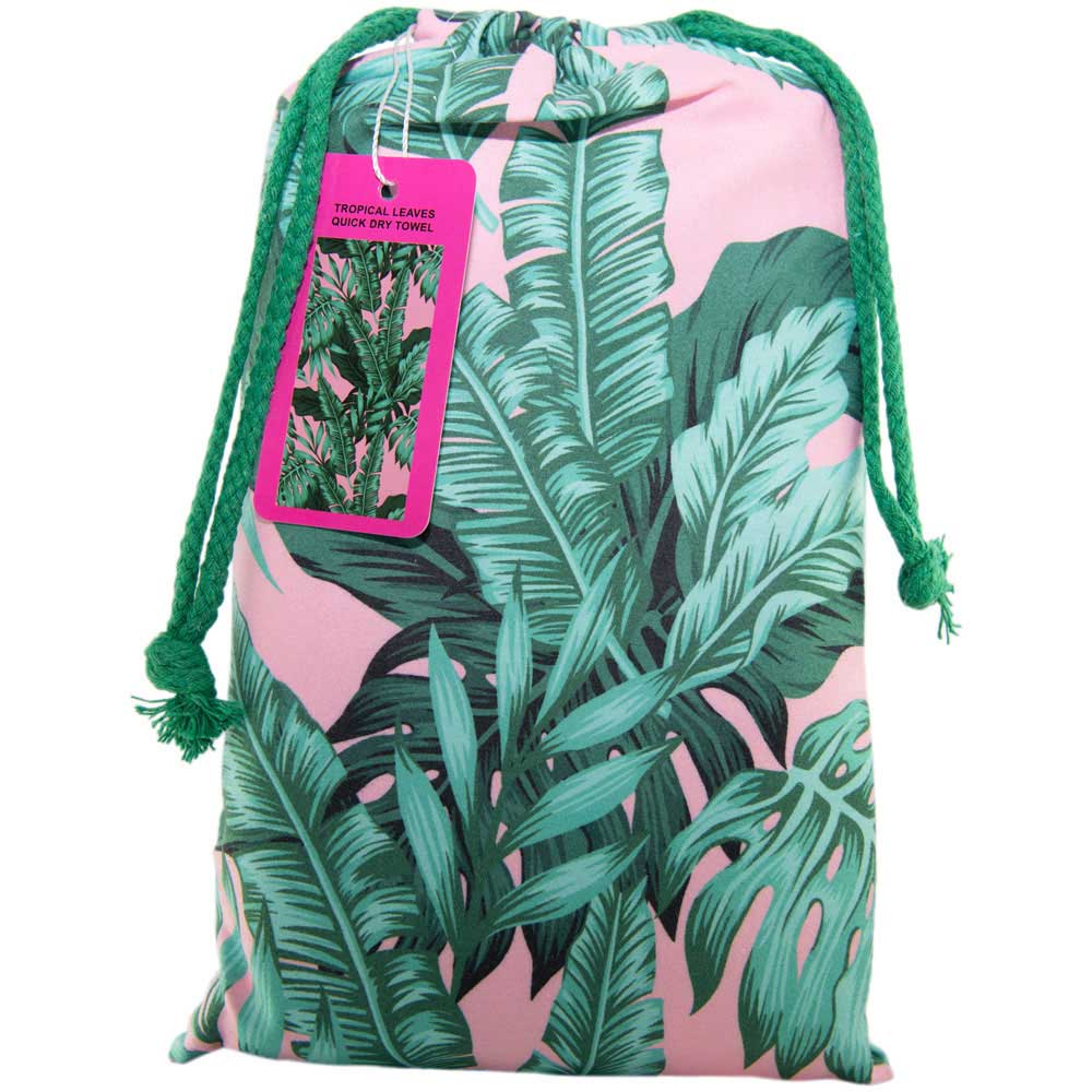 Tropical Leaves Quick Dry Beach Towel: Green/Pink