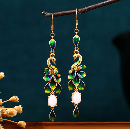 Green Enamel Peacocks Earrings