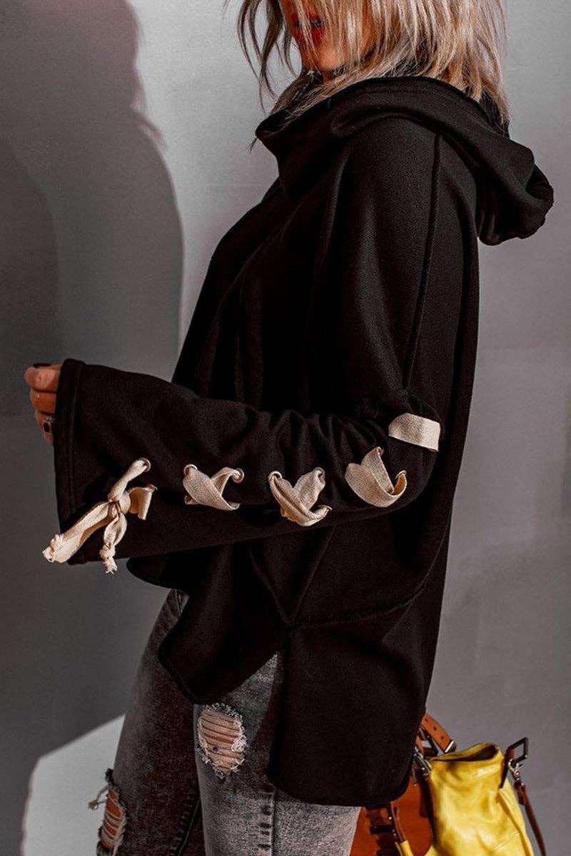 Casual Solid Bandage Hooded Collar Tops: Black / XL