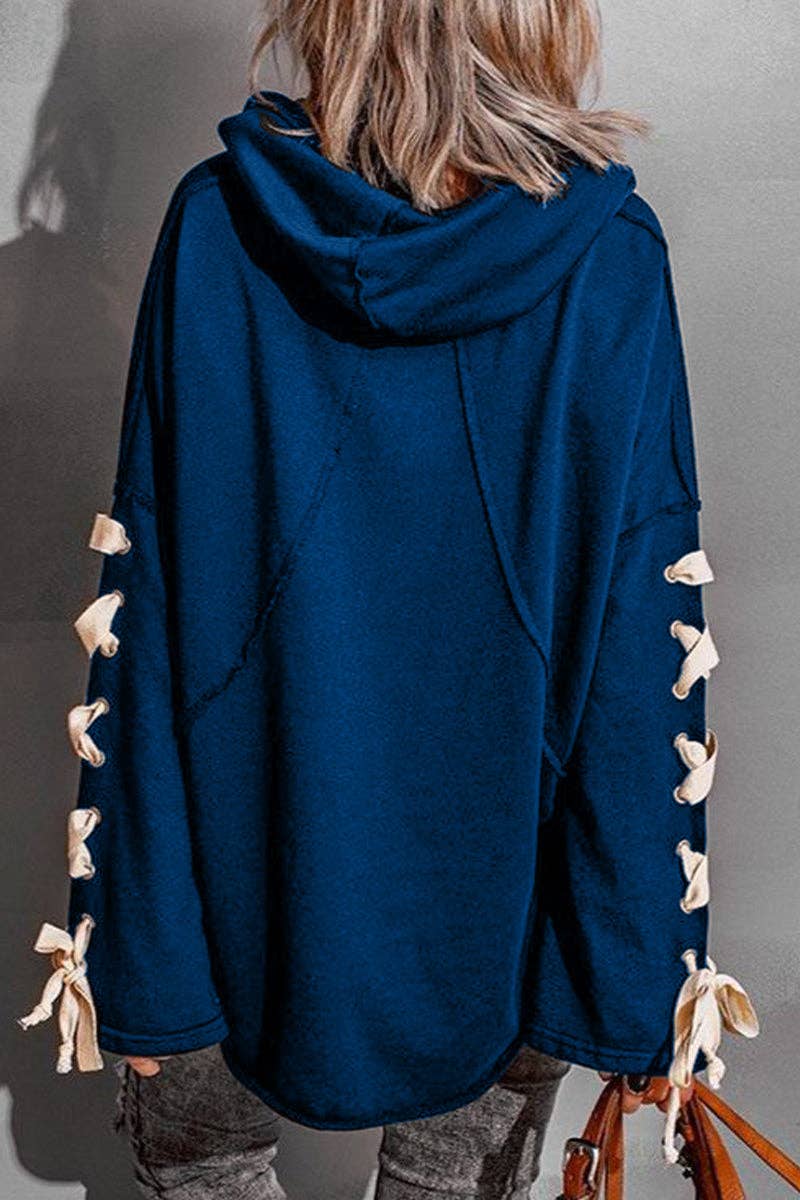Casual Solid Bandage Hooded Collar Tops: Black / XL