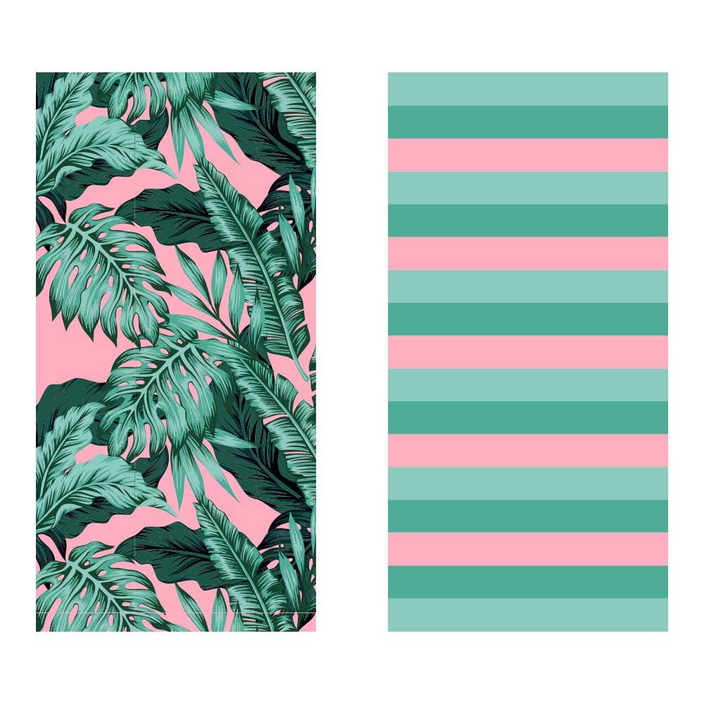 Tropical Leaves Quick Dry Beach Towel: Green/Pink