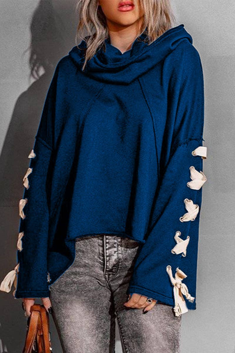 Casual Solid Bandage Hooded Collar Tops: Black / L