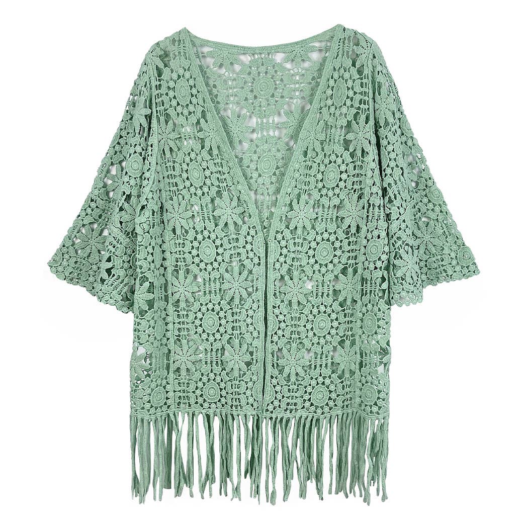 Floral Patterned Fringe Crochet Cardigan: One Size