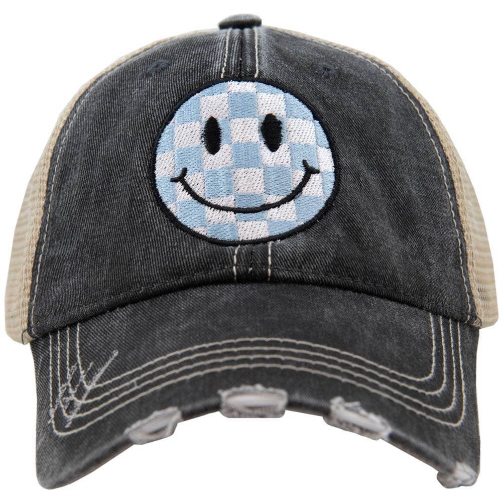 Light Blue Checkered Happy Face Trucker Hat: Black