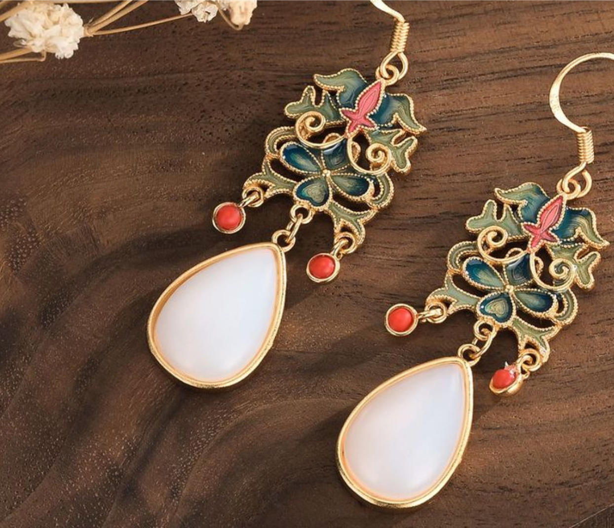 Cloisonne Crafted with White Jade Earrings