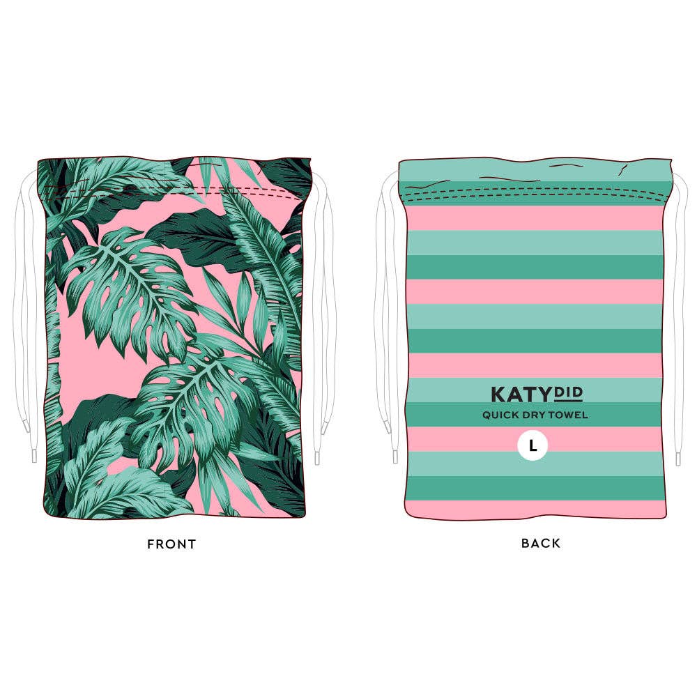 Tropical Leaves Quick Dry Beach Towel: Green/Pink