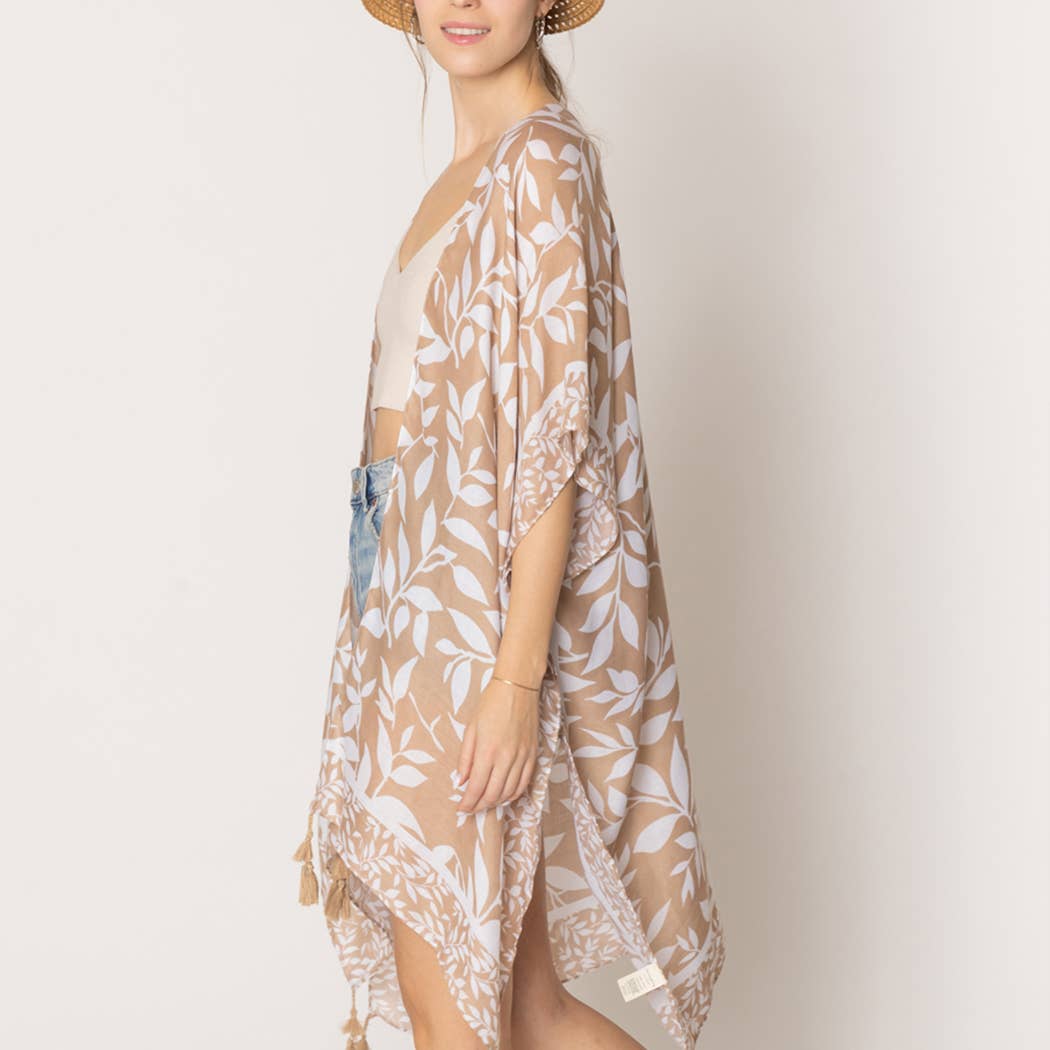 Leaf Print Kimono with Tassels One Size Taupe