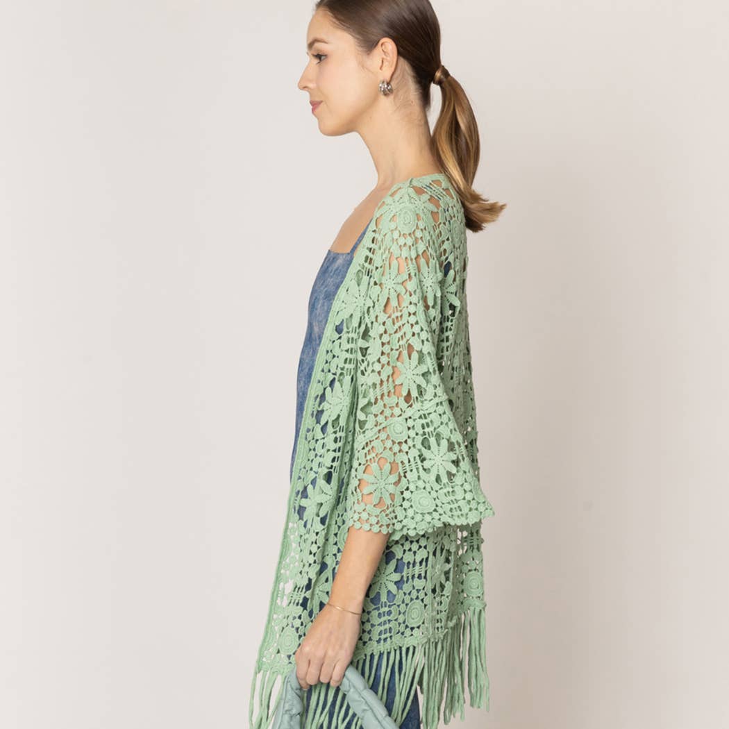 Floral Patterned Fringe Crochet Cardigan: One Size