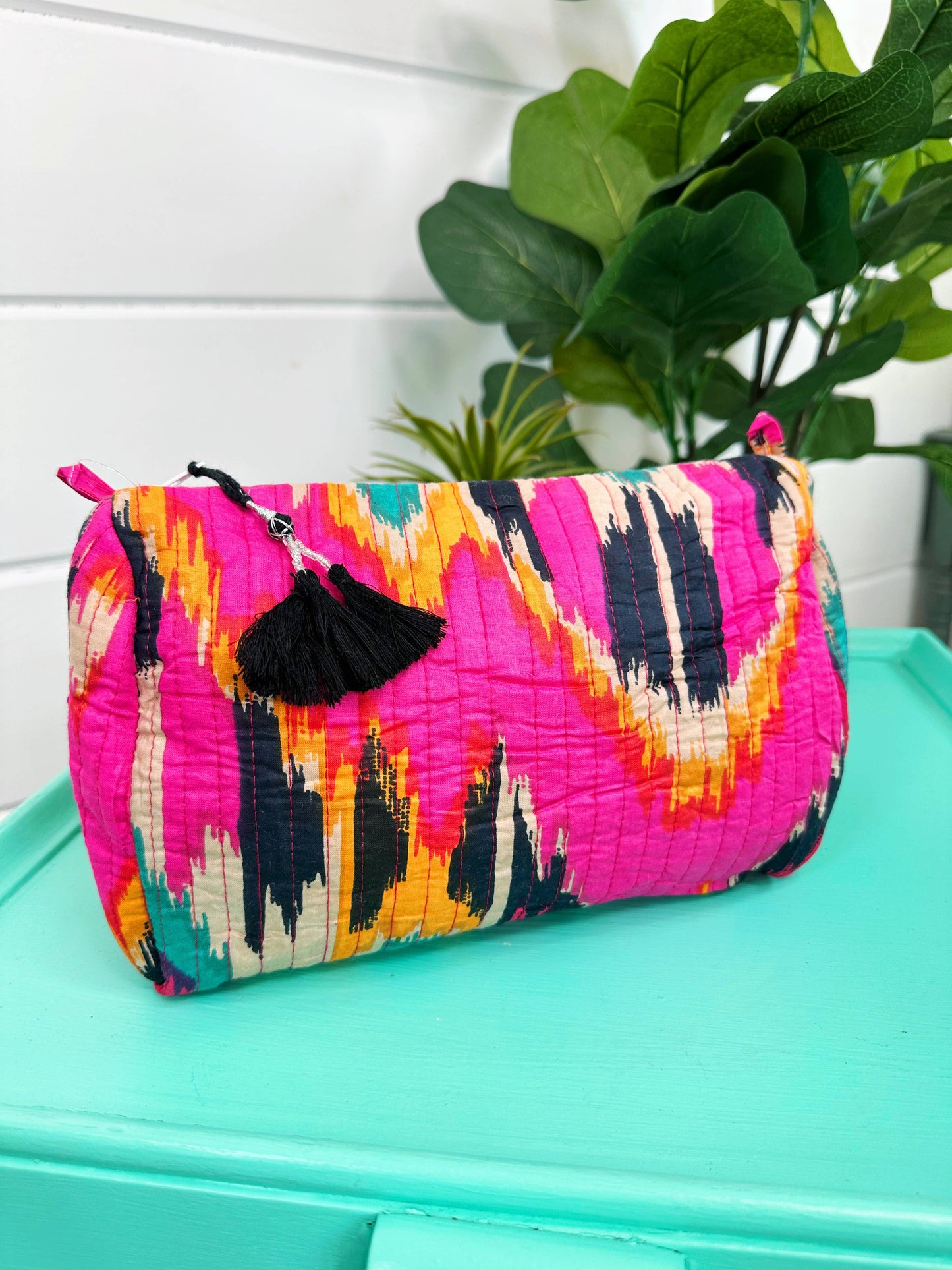 Quilted Makeup Bag| Cosmetics Toiletry Bag | Pink Ikat