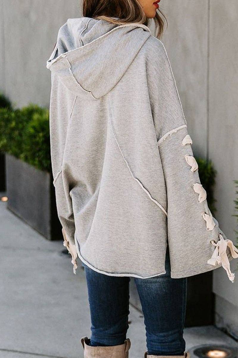Casual Solid Bandage Hooded Collar Tops: Black / XL