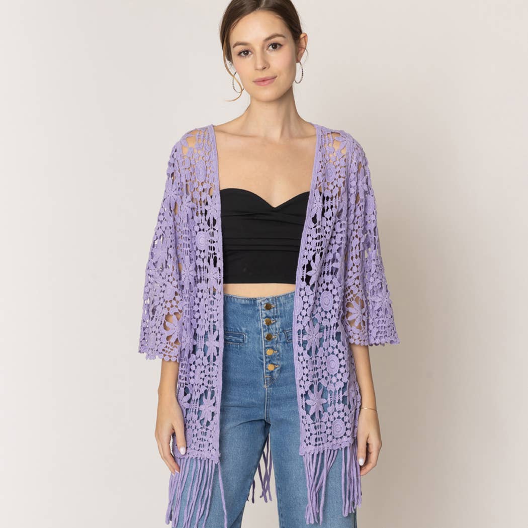 Floral Patterned Fringe Crochet Cardigan: One Size