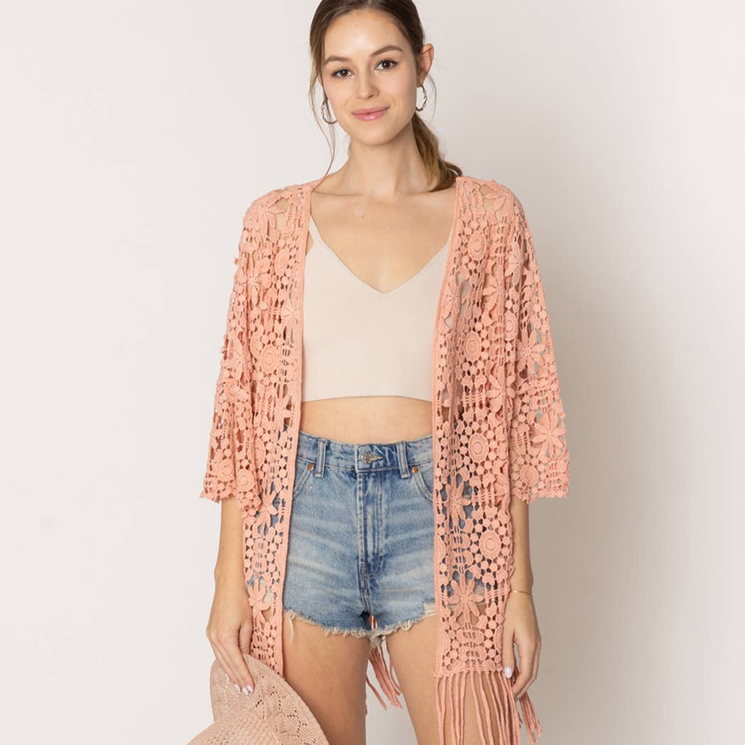 Floral Patterned Fringe Crochet Cardigan: One Size