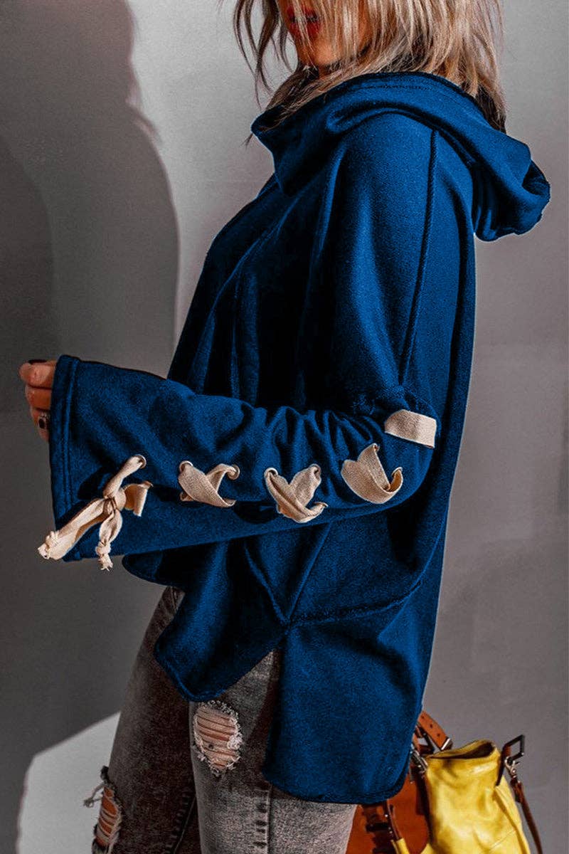 Casual Solid Bandage Hooded Collar Tops: Black / L