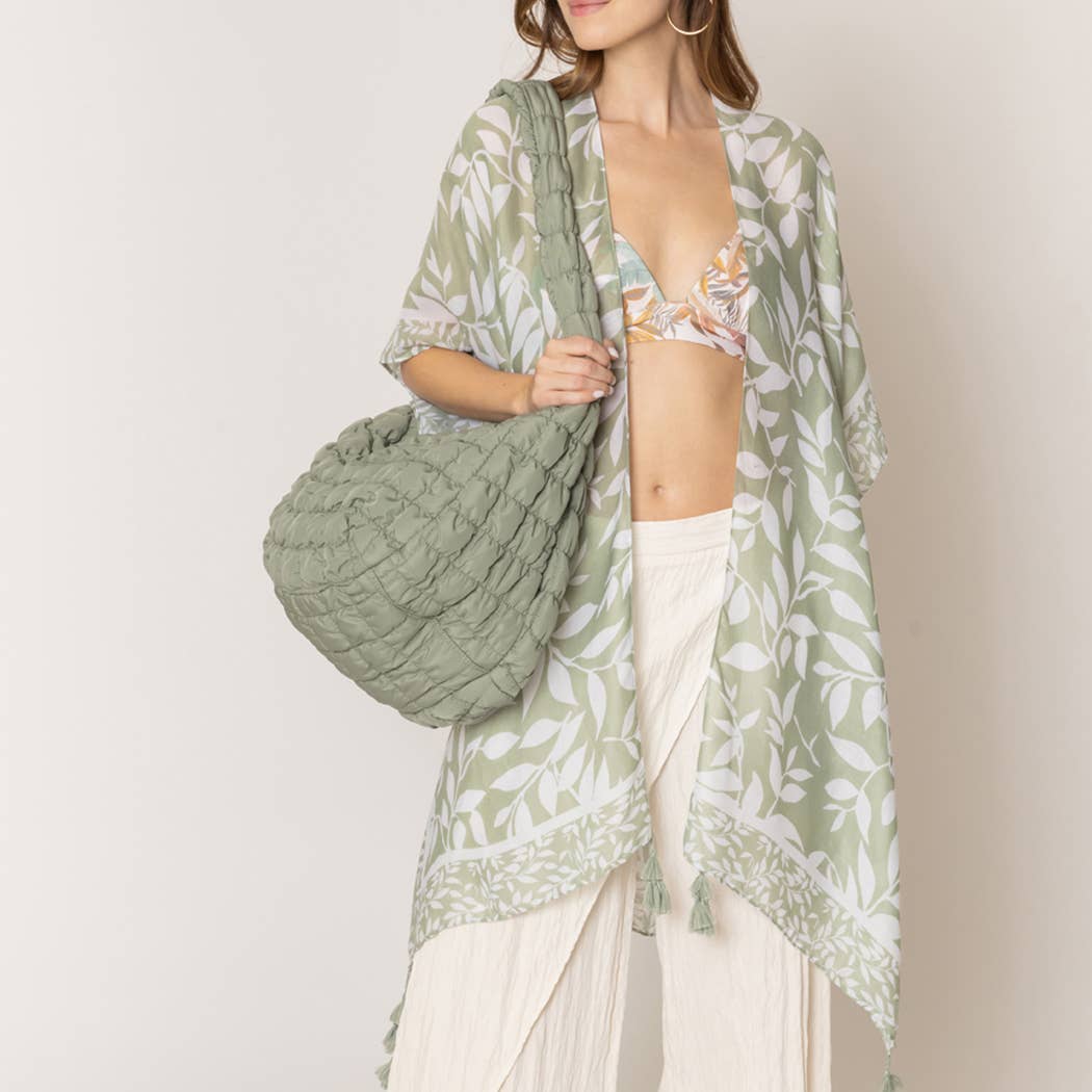 Leaf Print Kimono with Tassels One Size Taupe