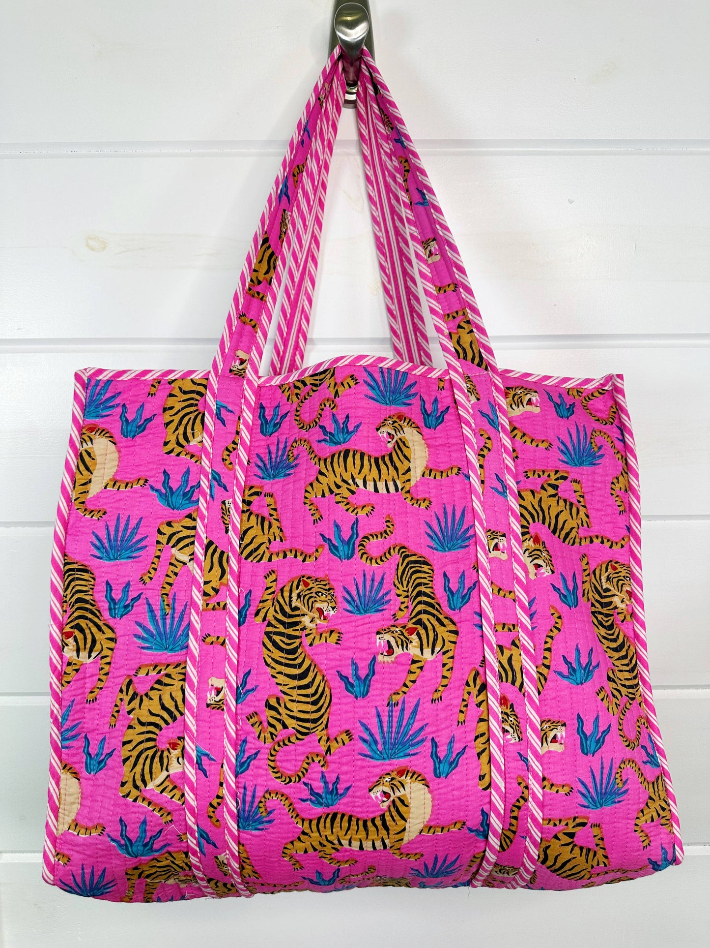 Quilted Tote Bag | Pink Tiger Tote | Large Shopping Tote Bag