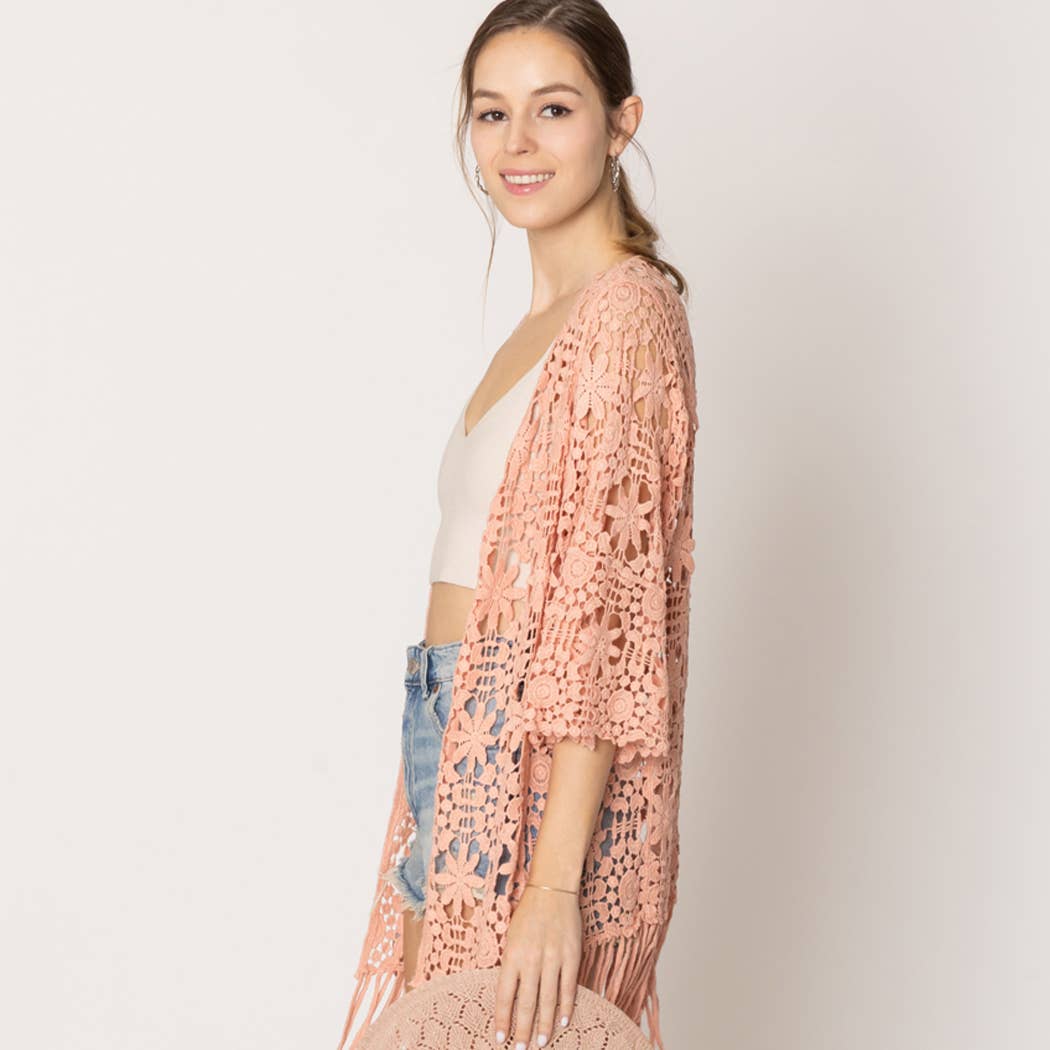 Floral Patterned Fringe Crochet Cardigan: One Size