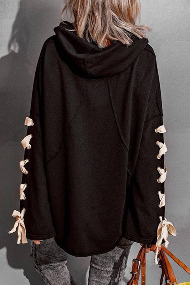 Casual Solid Bandage Hooded Collar Tops: Black / XL