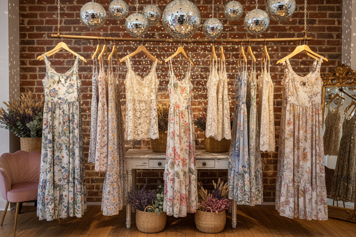 floral country chic boutique dresses disco balls boutique lace tanks on hangers 