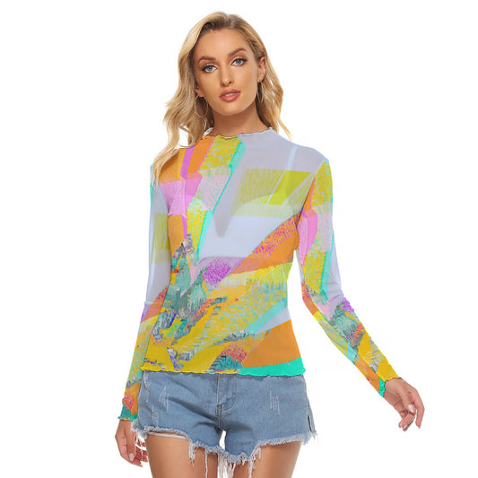 Women's Mesh T-shirt Lettuce-Edge Neckline Rainbow Sun Print