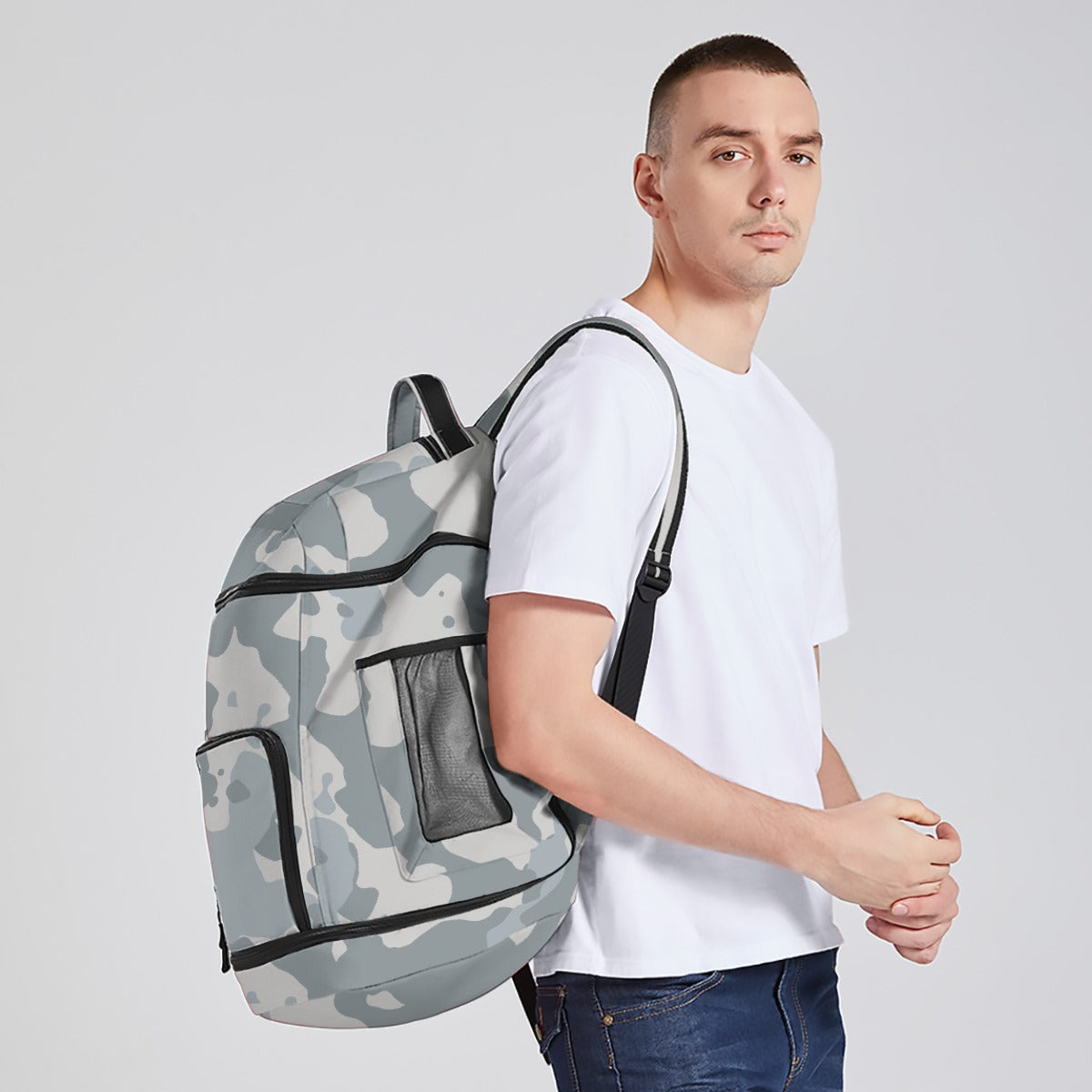 Oxford Cloth Multifunctional Backpack in Gray Camo Print