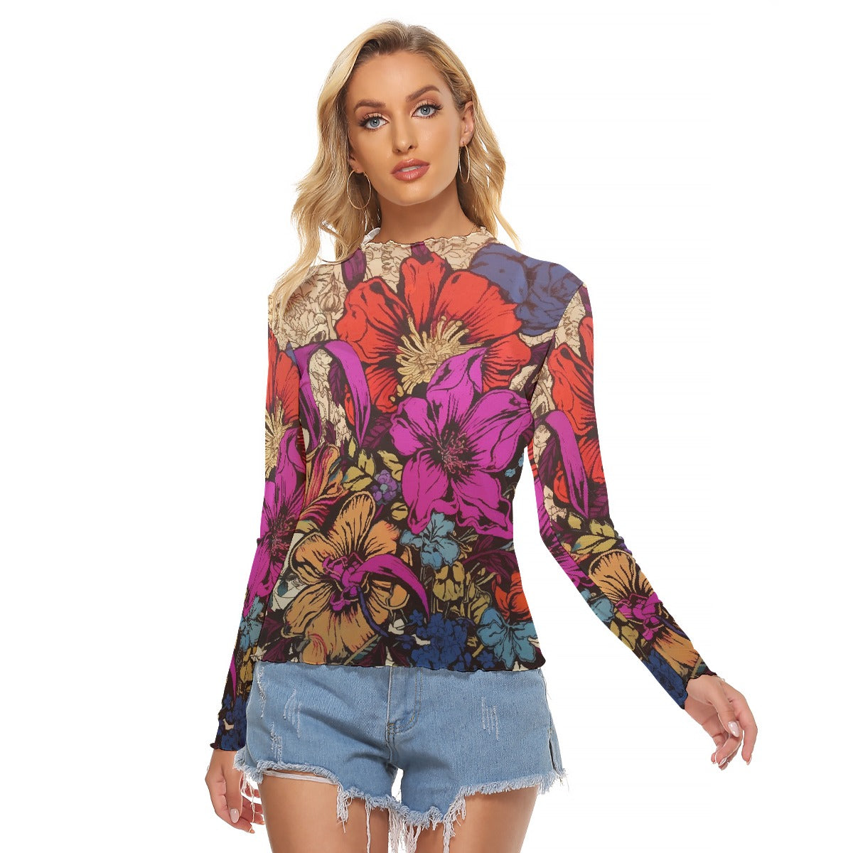 Mesh T-shirt Lettuce-Edge Neckline Flower Child Print