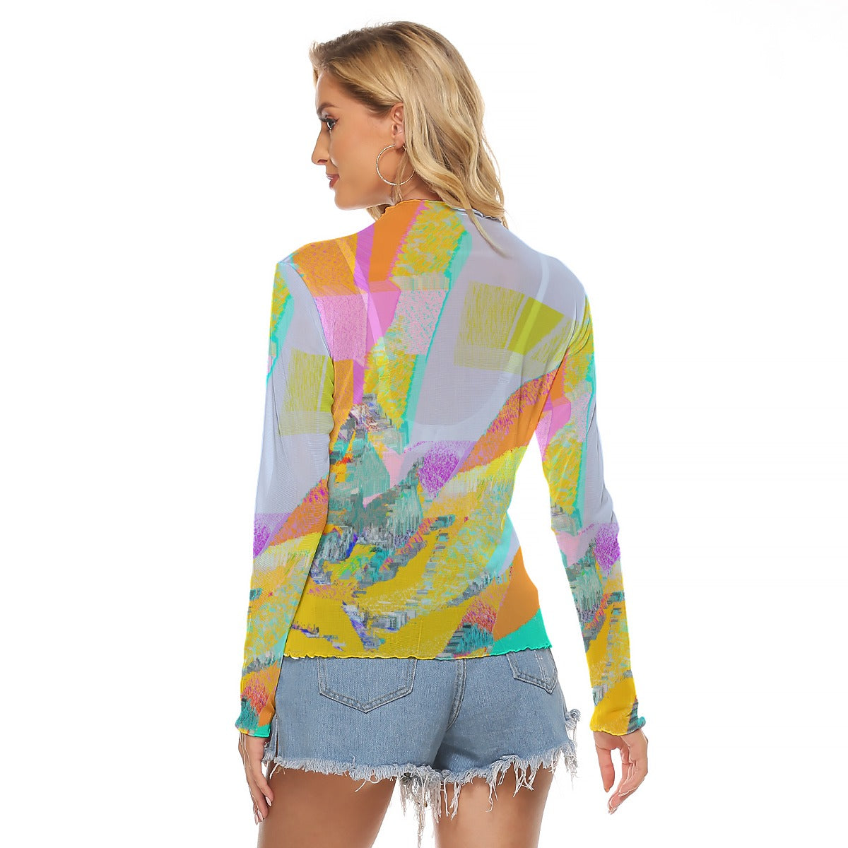 Women's Mesh T-shirt Lettuce-Edge Neckline Rainbow Sun Print