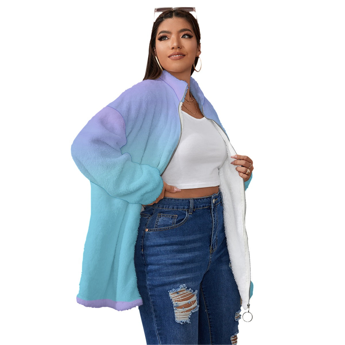 Fleece Zipper Coat Plus -Ocean Blue Ombre