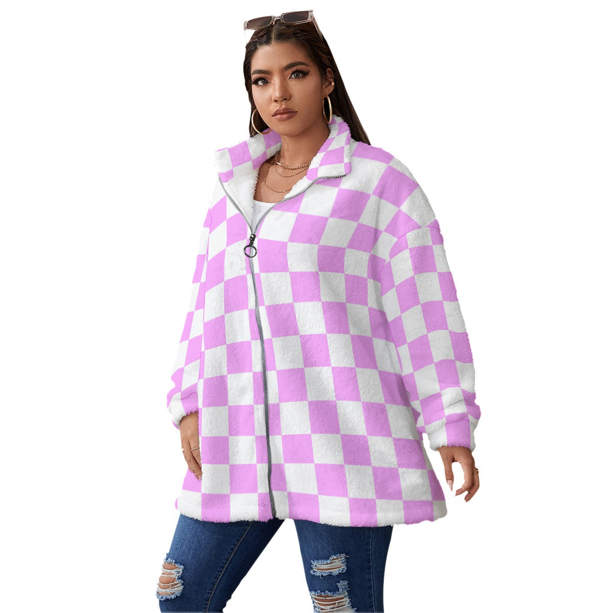 Fleece Coat Plus-Pink Checkers