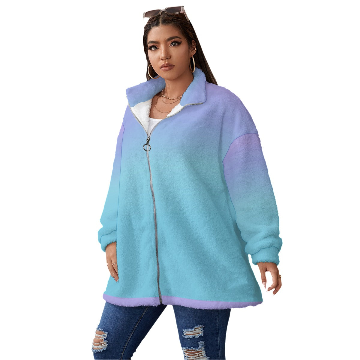 Fleece Zipper Coat Plus -Ocean Blue Ombre