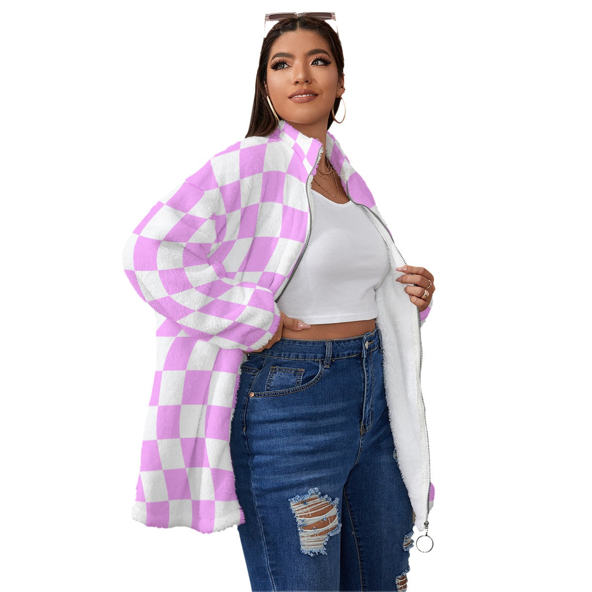 Fleece Coat Plus-Pink Checkers