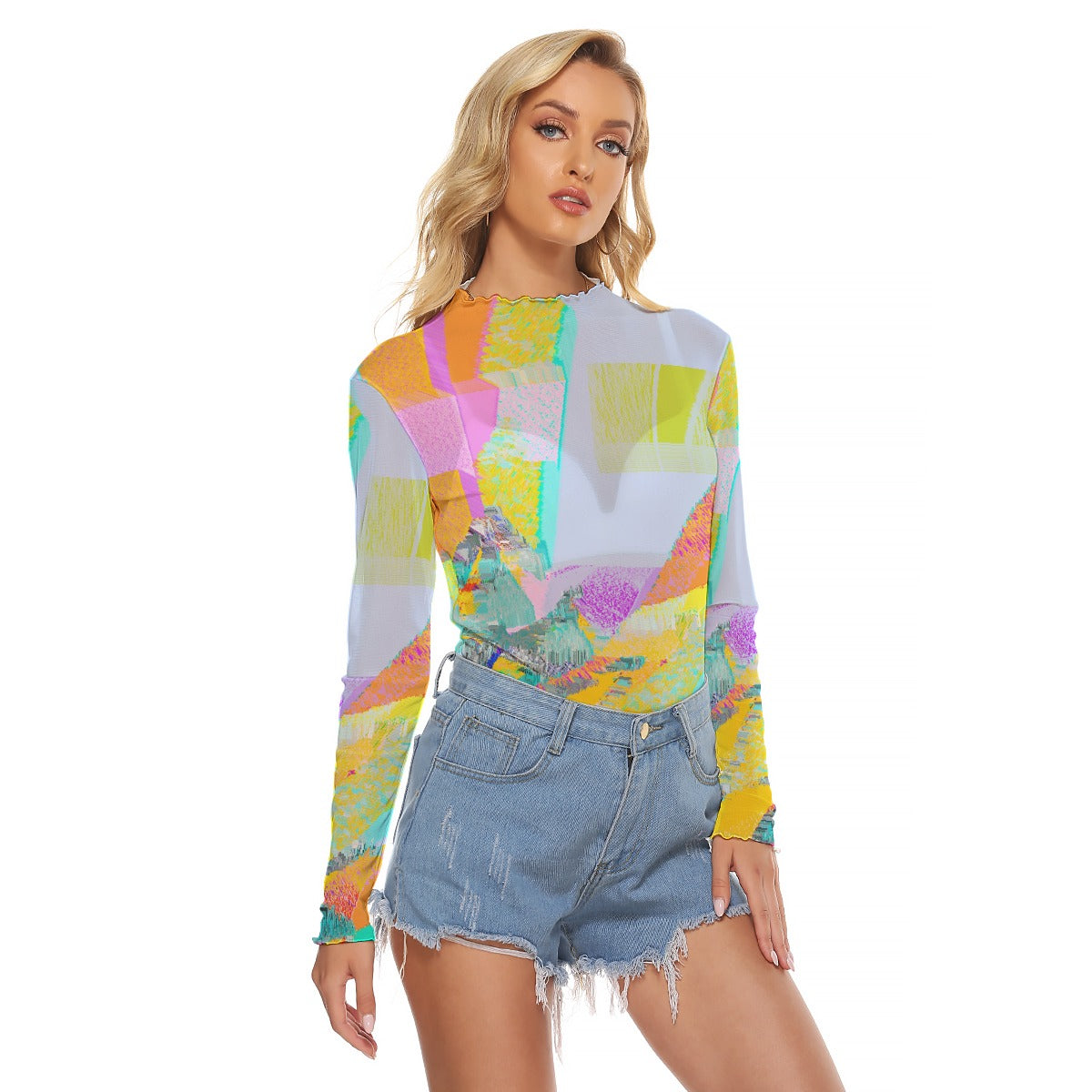 Women's Mesh T-shirt Lettuce-Edge Neckline Rainbow Sun Print