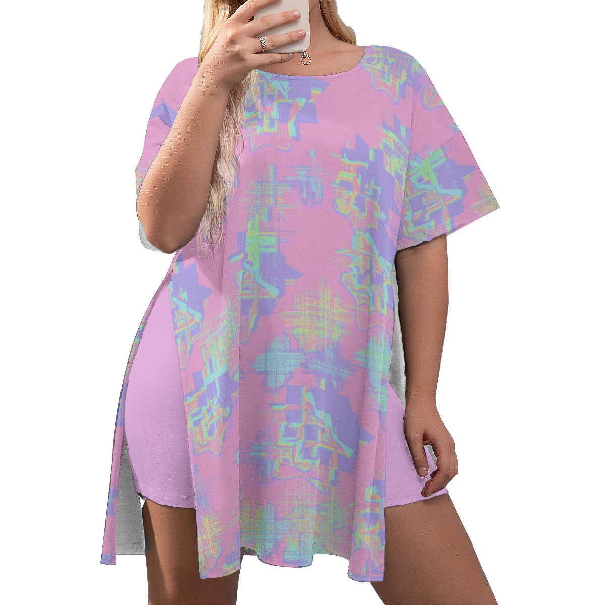 All-Over Print Women's Drop-Shoulder T-Shirt with Side Split and Shorts (Plus Size)