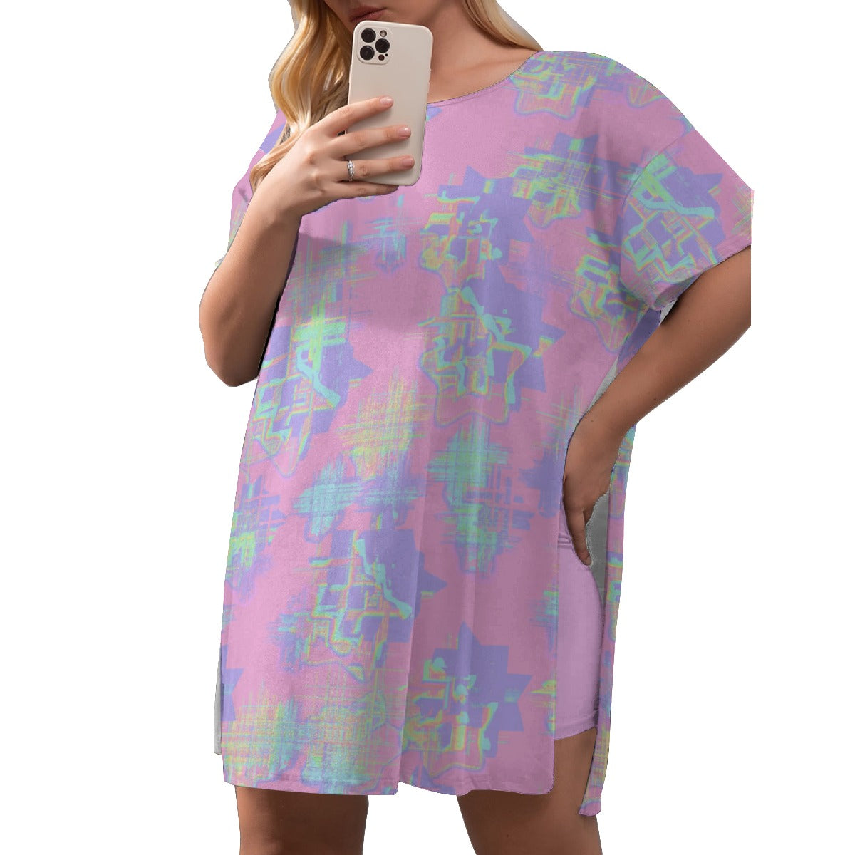 All-Over Print Women's Drop-Shoulder T-Shirt with Side Split and Shorts (Plus Size)