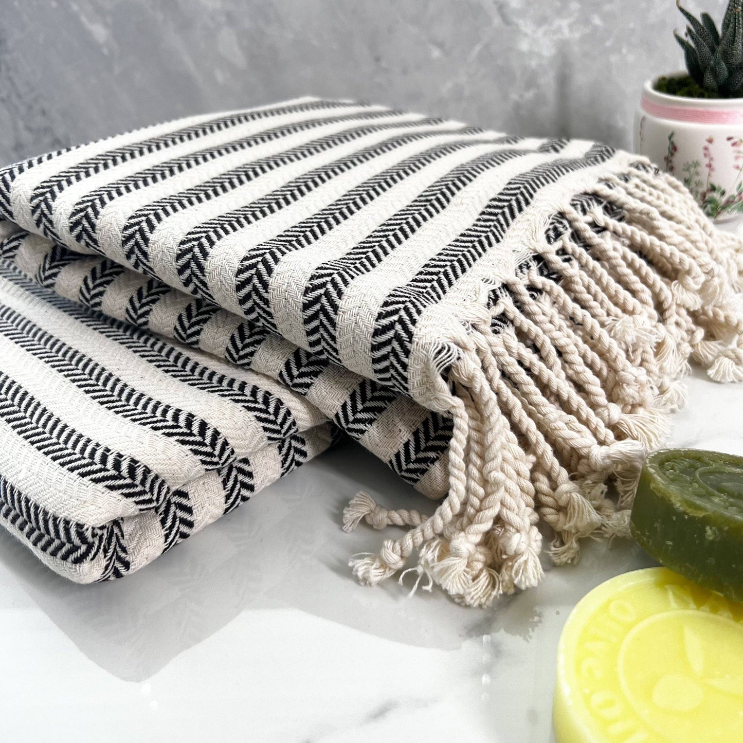 Black Striped Turkish Towel, Cotton Beach and Bath Towel