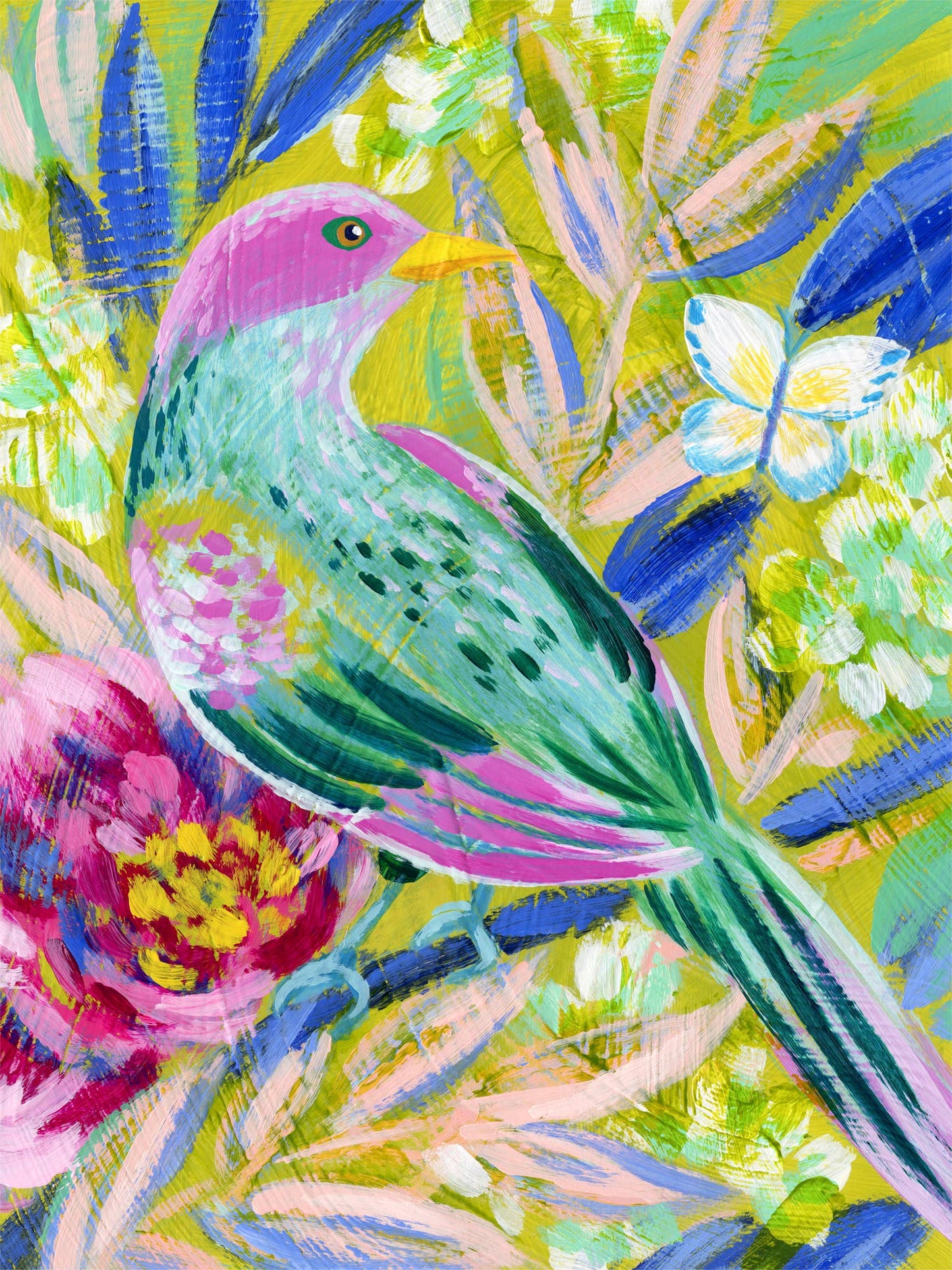 Birdsong In Chartreuse Stretched Canvas 30" H x 24" W